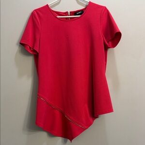 DKNY Bright Pink Short-Sleeve Asymmetrical Top with Zip Detail